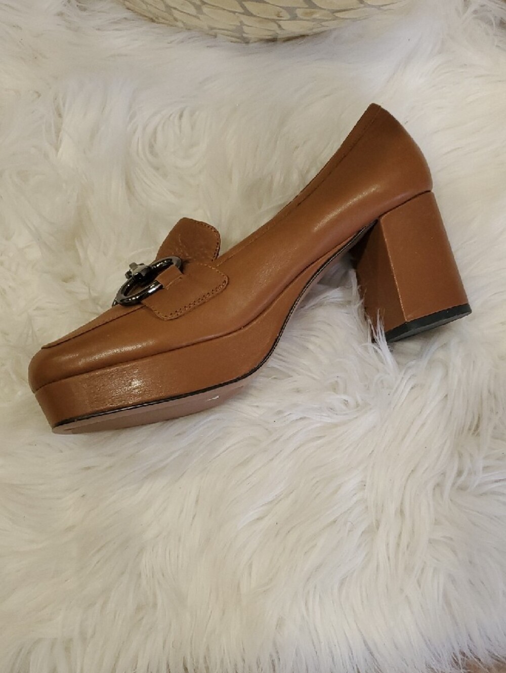 Anthropologie Bibi Lou Women's Tan Leather Platform  Loafers with Metal Bit - Picture 5 of 17